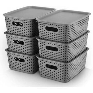 Plastic Storage Baskets Bins With Lid Organizing Container Lidded Knit Storage